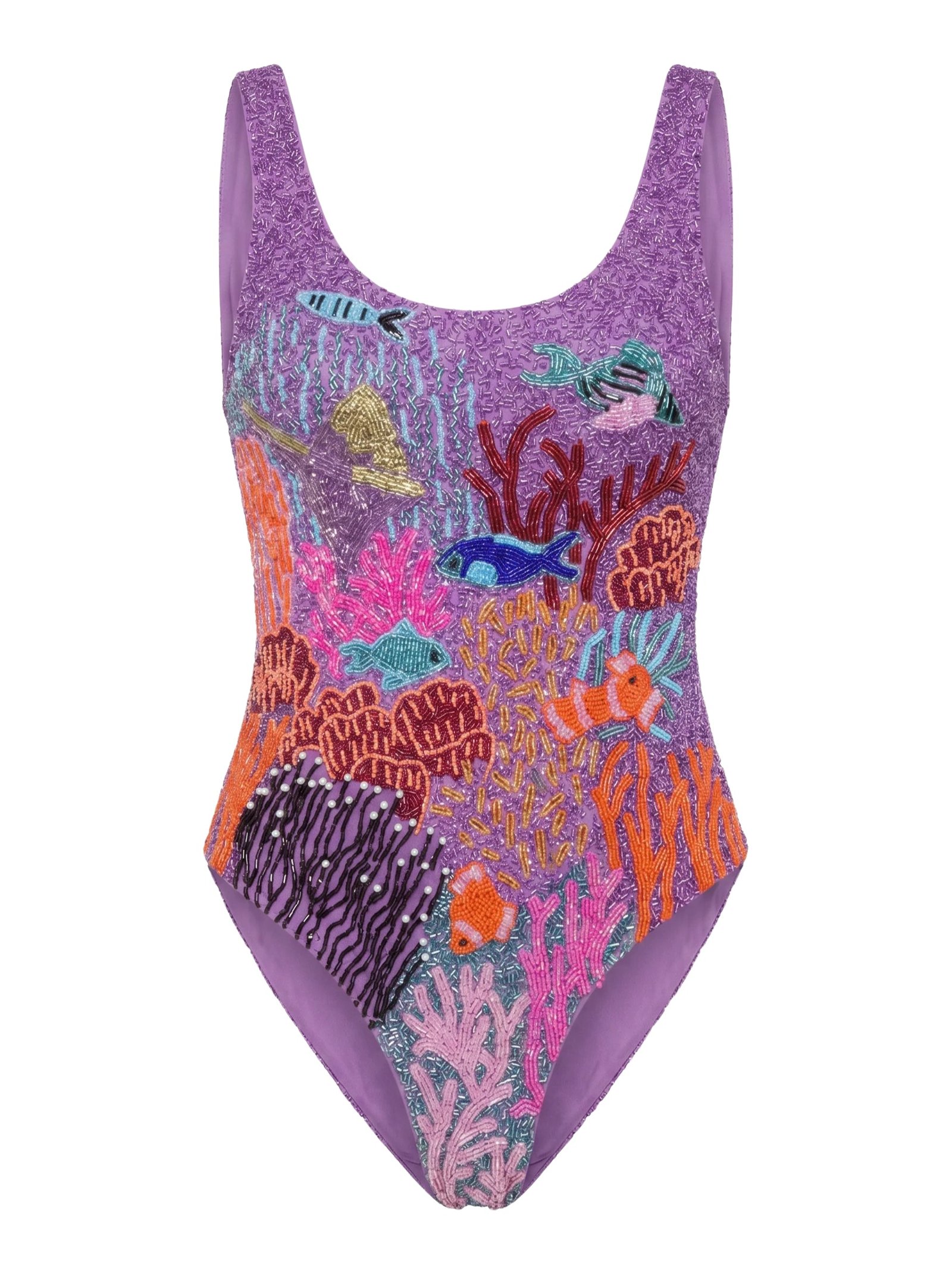 Oceanus coastal fish beaded one-piece flat studio shot revealing the full lilac coral-reef crystal pattern