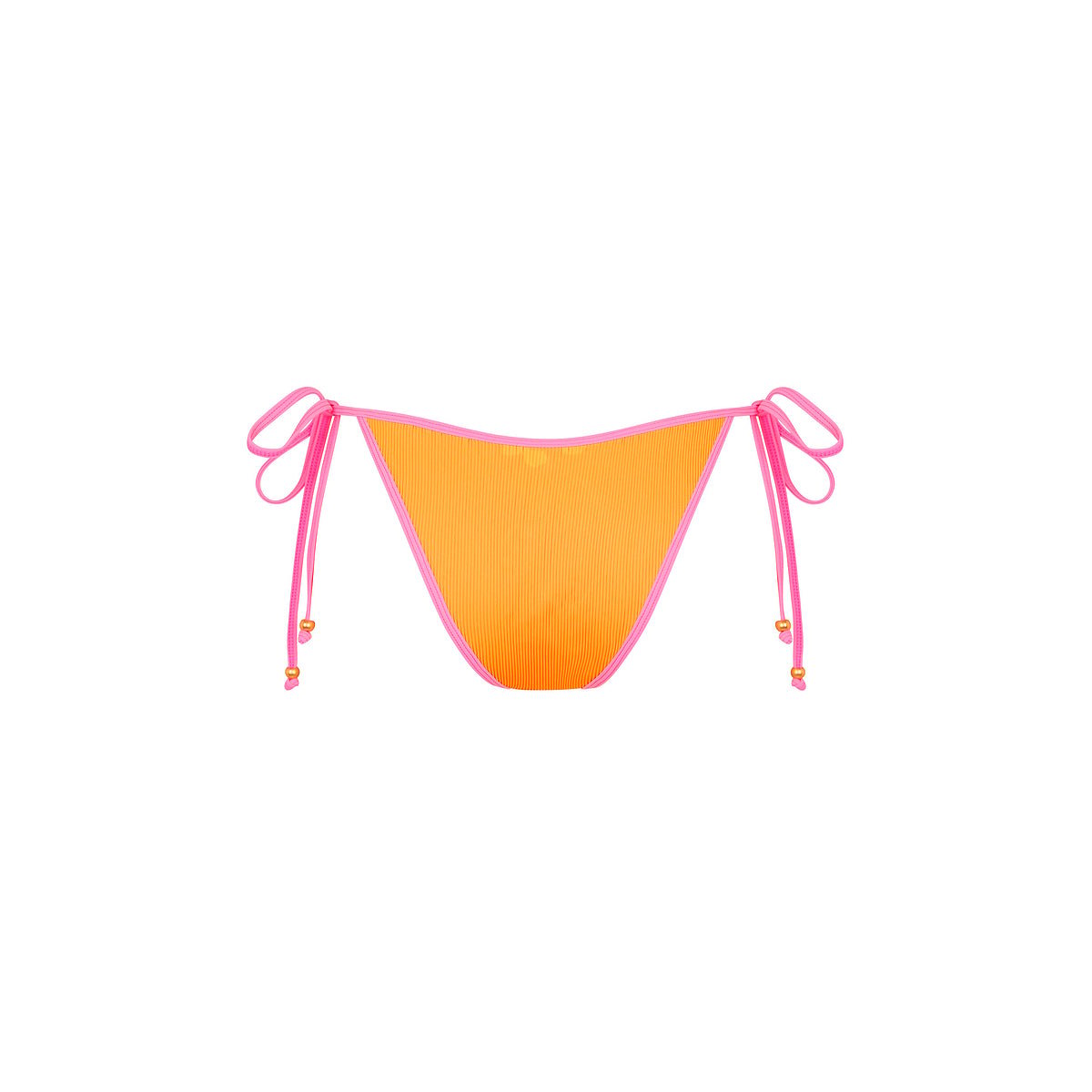 Kulani Kinis marigold ribbed cheeky tie-side bikini bottom with hot-pink ties on white background