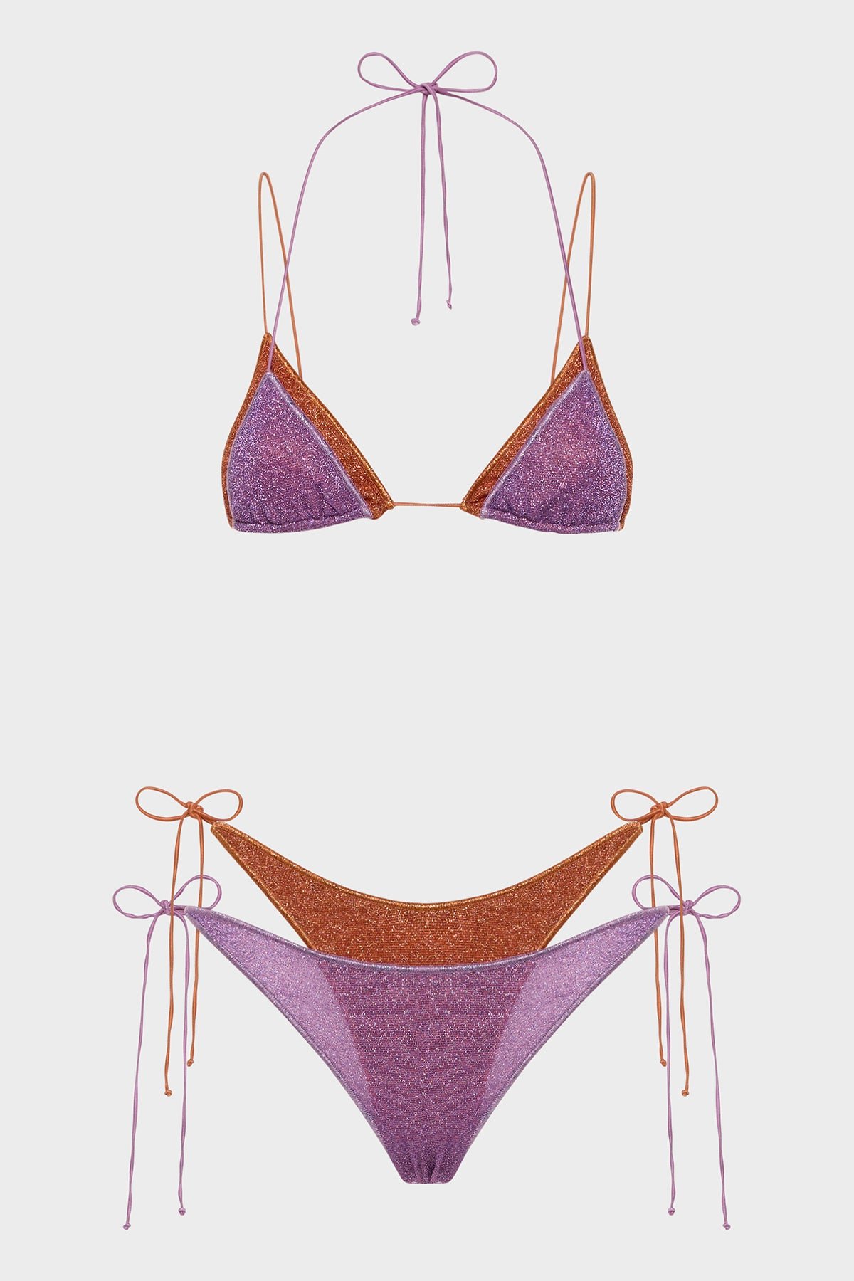 Oseree Double Microkini lilac and copper-orange lurex bikini set laid flat showing reversible colorblock
