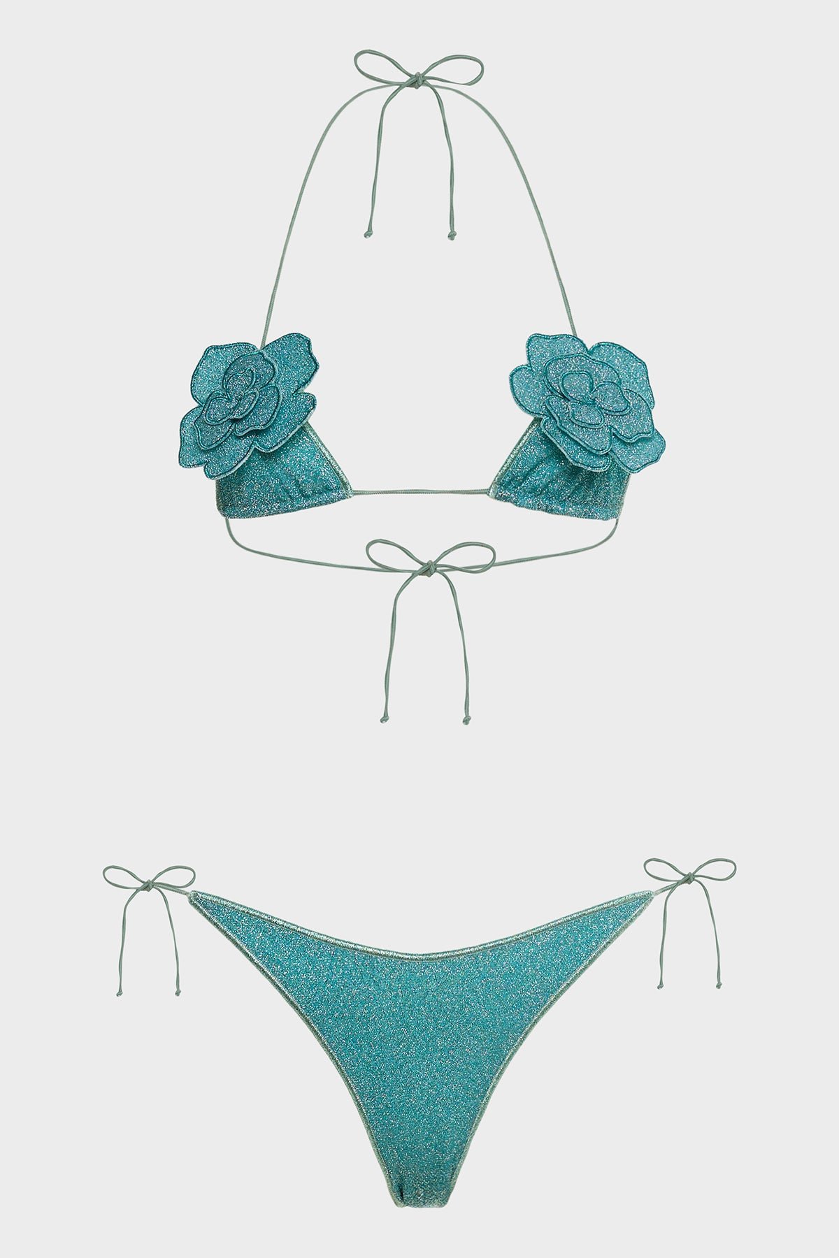 Oseree Lumiere Flower Kini full turquoise lurex bikini set flat-lay with two floral appliques and string ties
