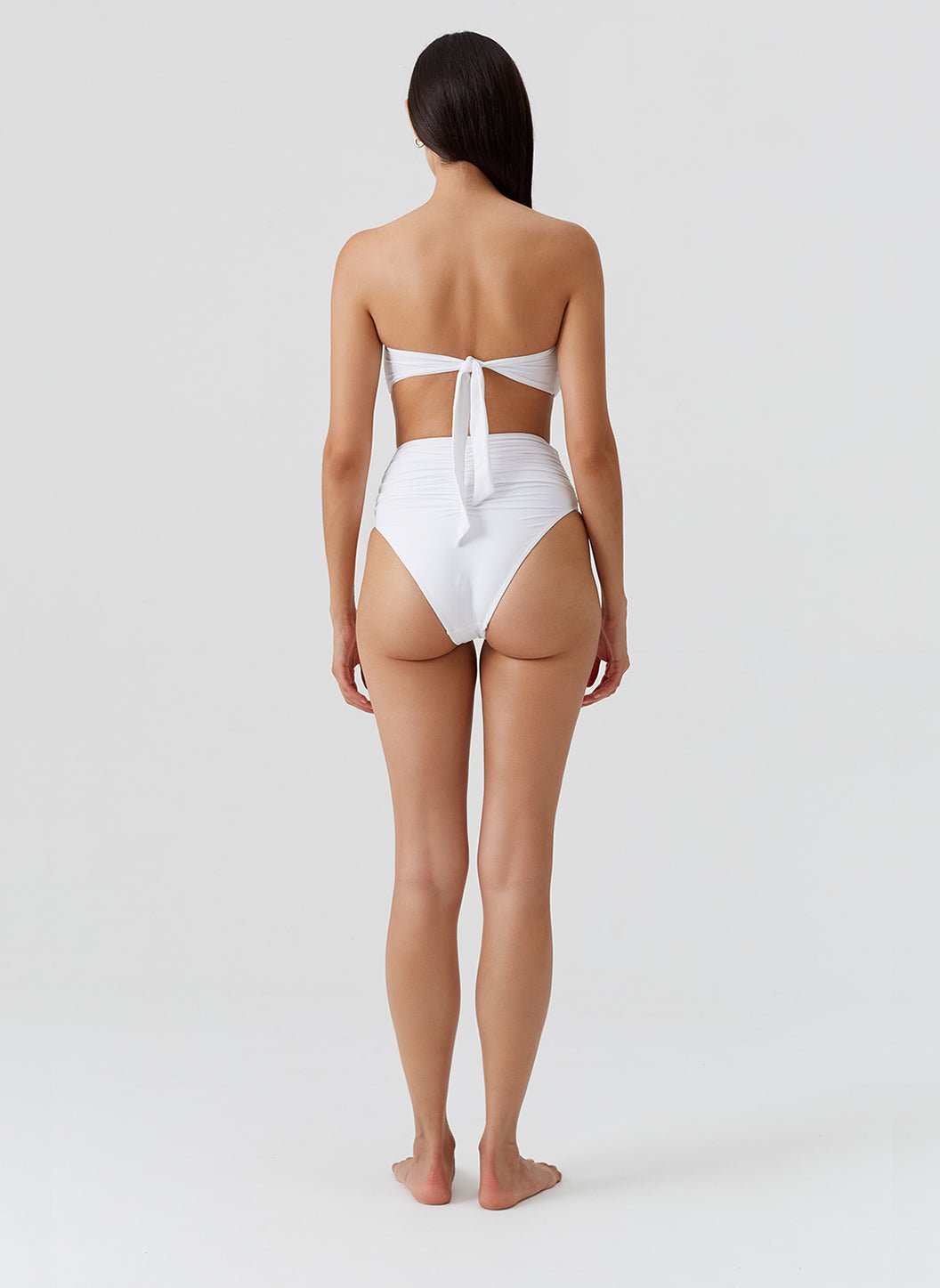 Melissa Odabash white Nevis bikini back view showing tie-back bandeau and ruched high-rise brief