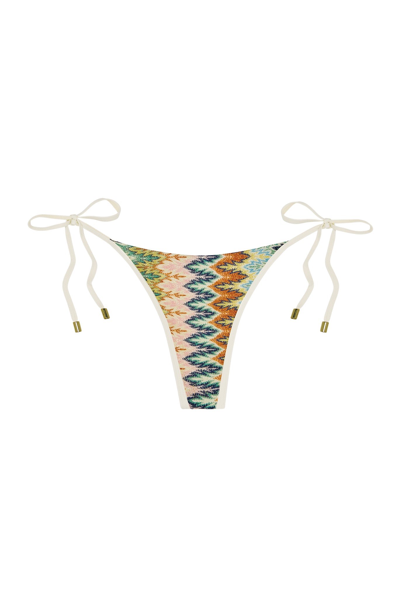 Monday Swimwear Palma thong in multicolor zigzag knit with cream side ties and gold tips flat on white