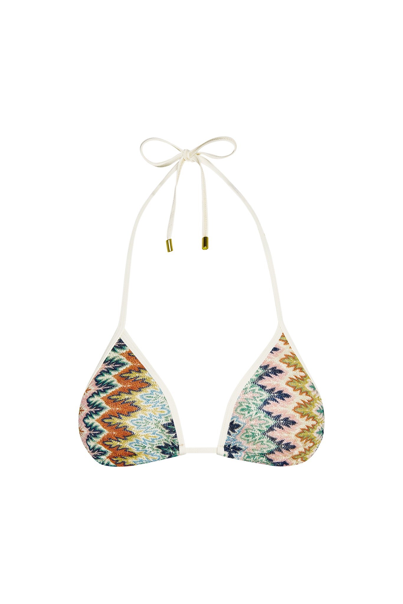 Monday Swimwear Palma color-block triangle top flat studio cutout with cream ties and gold tips on white