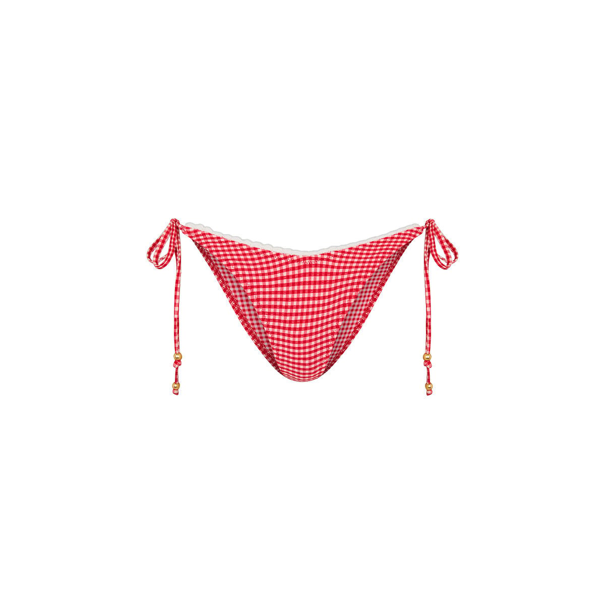 Kulani Kinis red gingham cheeky tie-side bottom with white scalloped trim and gold beaded ties on white