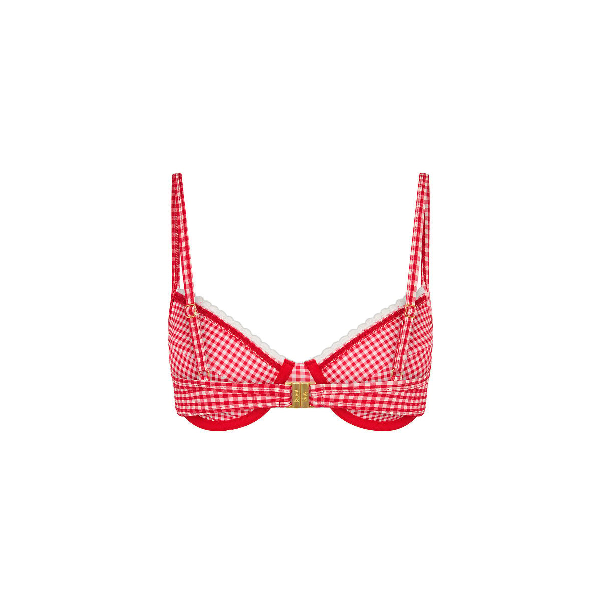 Kulani Kinis red gingham underwire bra top with white scalloped crochet trim on white studio background