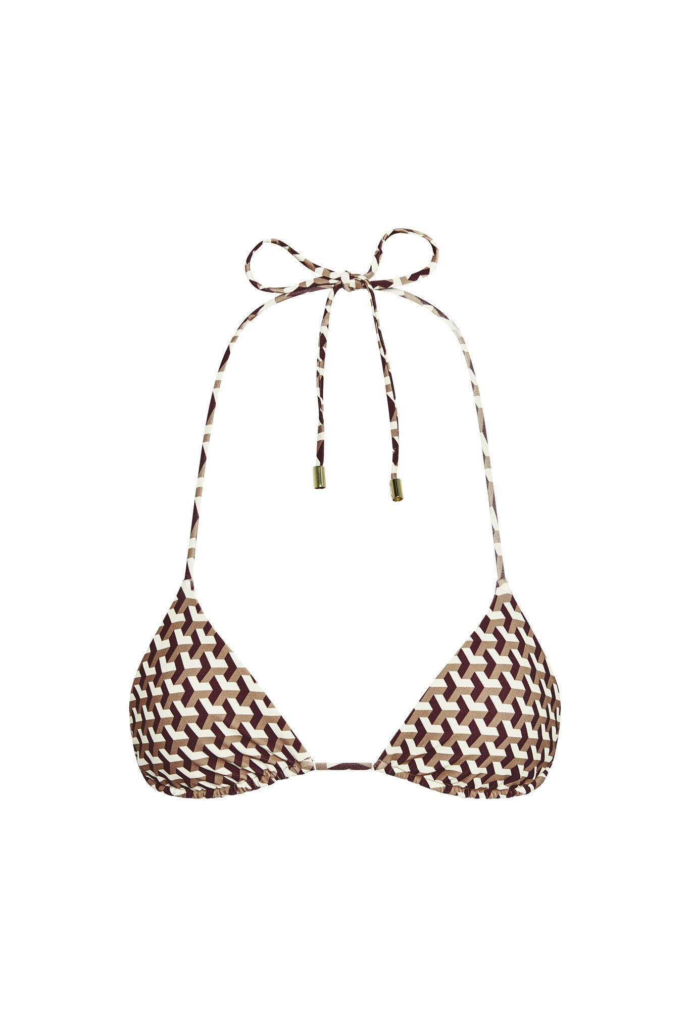 Monday Swimwear Taormina triangle top flat studio cutout in brown cream geometric print with gold-tipped ties