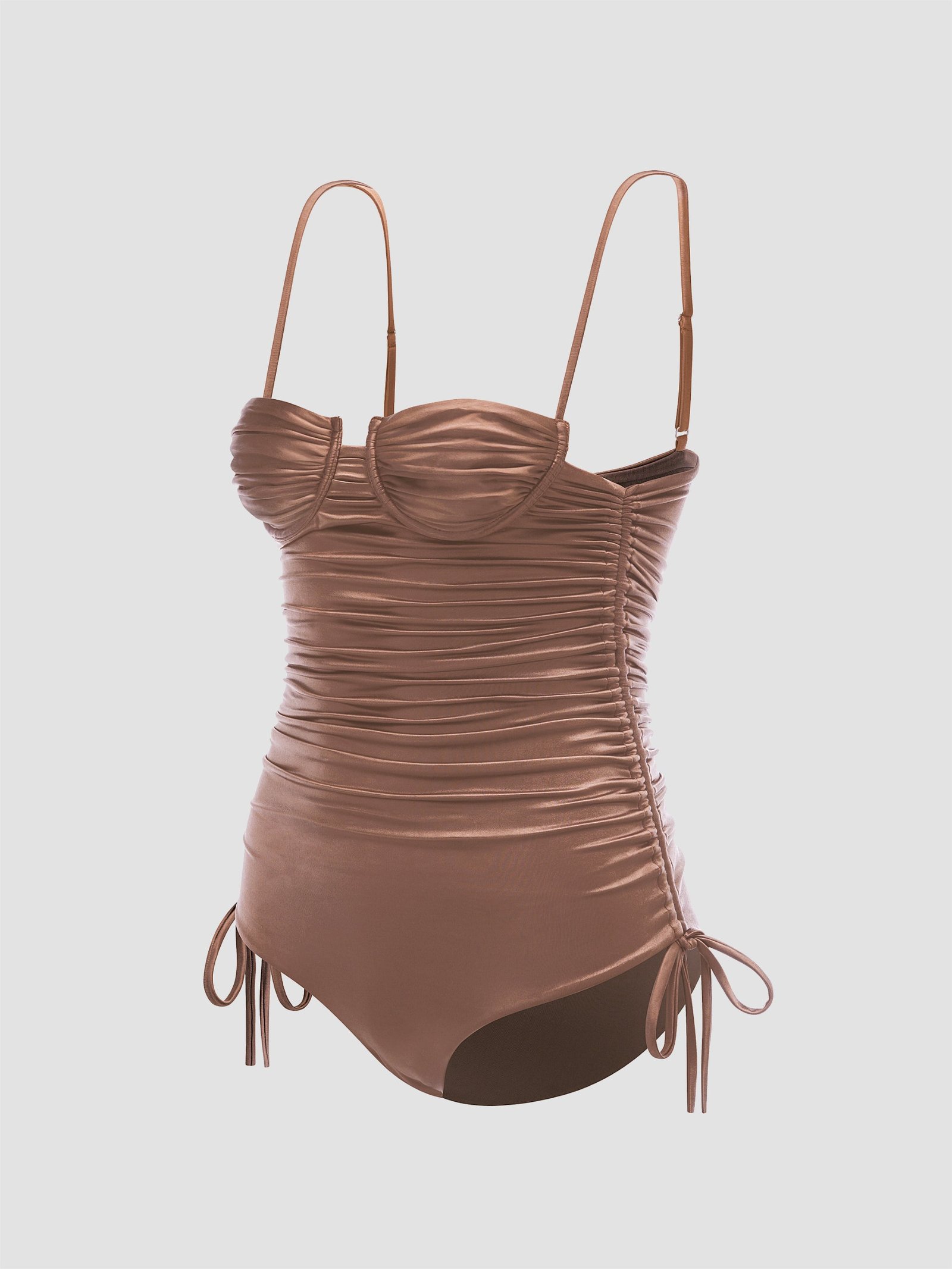 Nina Satin One-piece in bronze: ruched underwire one-piece with thin straps and drawstring sides, product shot