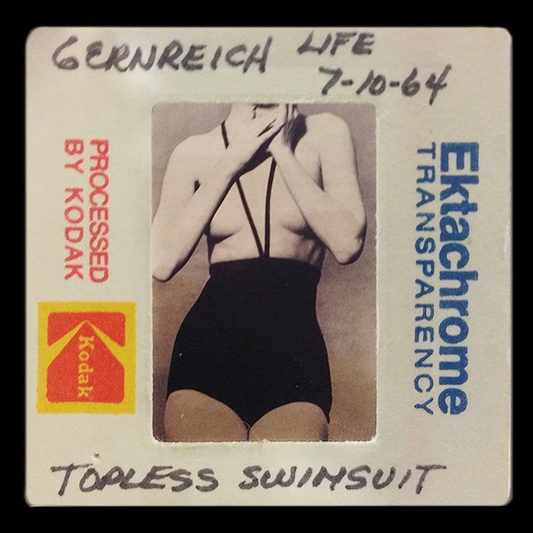 Polaroid of the original monokini designed by Rudi Gernreich in 1964