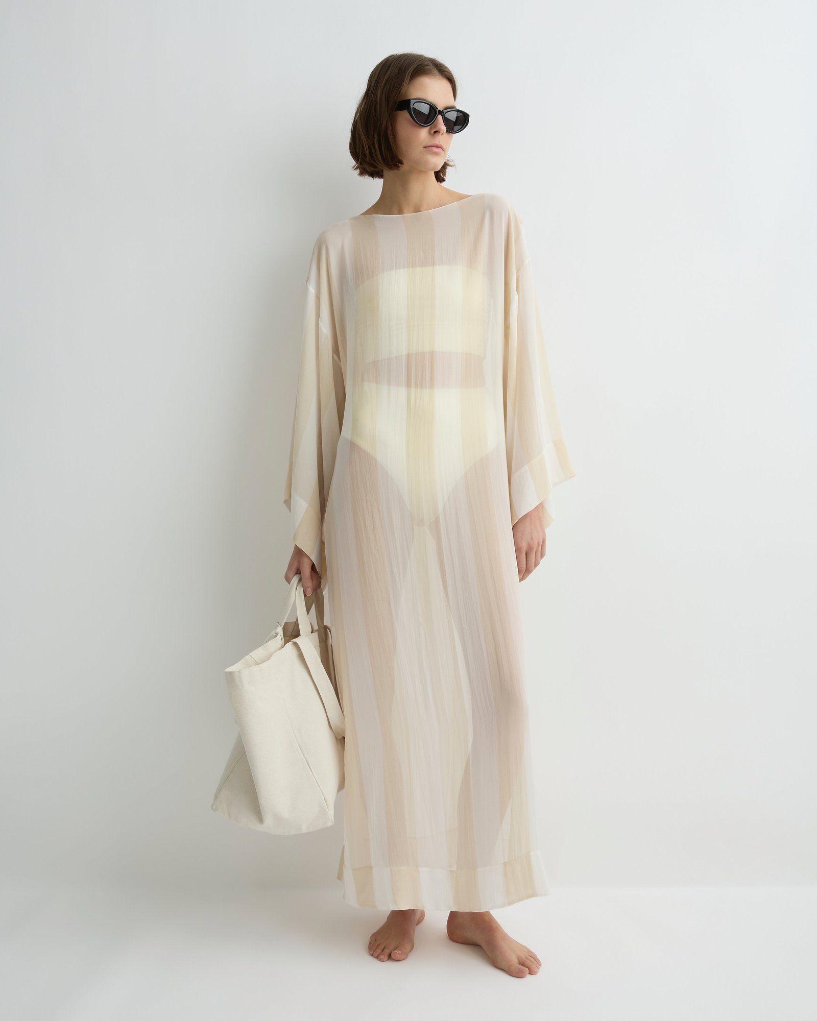 Capri Silk Kimono Sleeve Maxi - Ecru Stripe