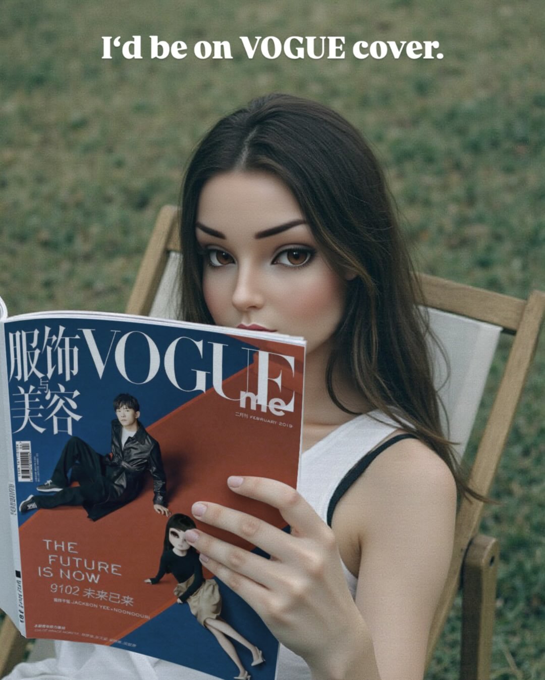 noonoouri reads Vogue magazine outdoors, wearing a white sleeveless top, soft makeup, on a chair.