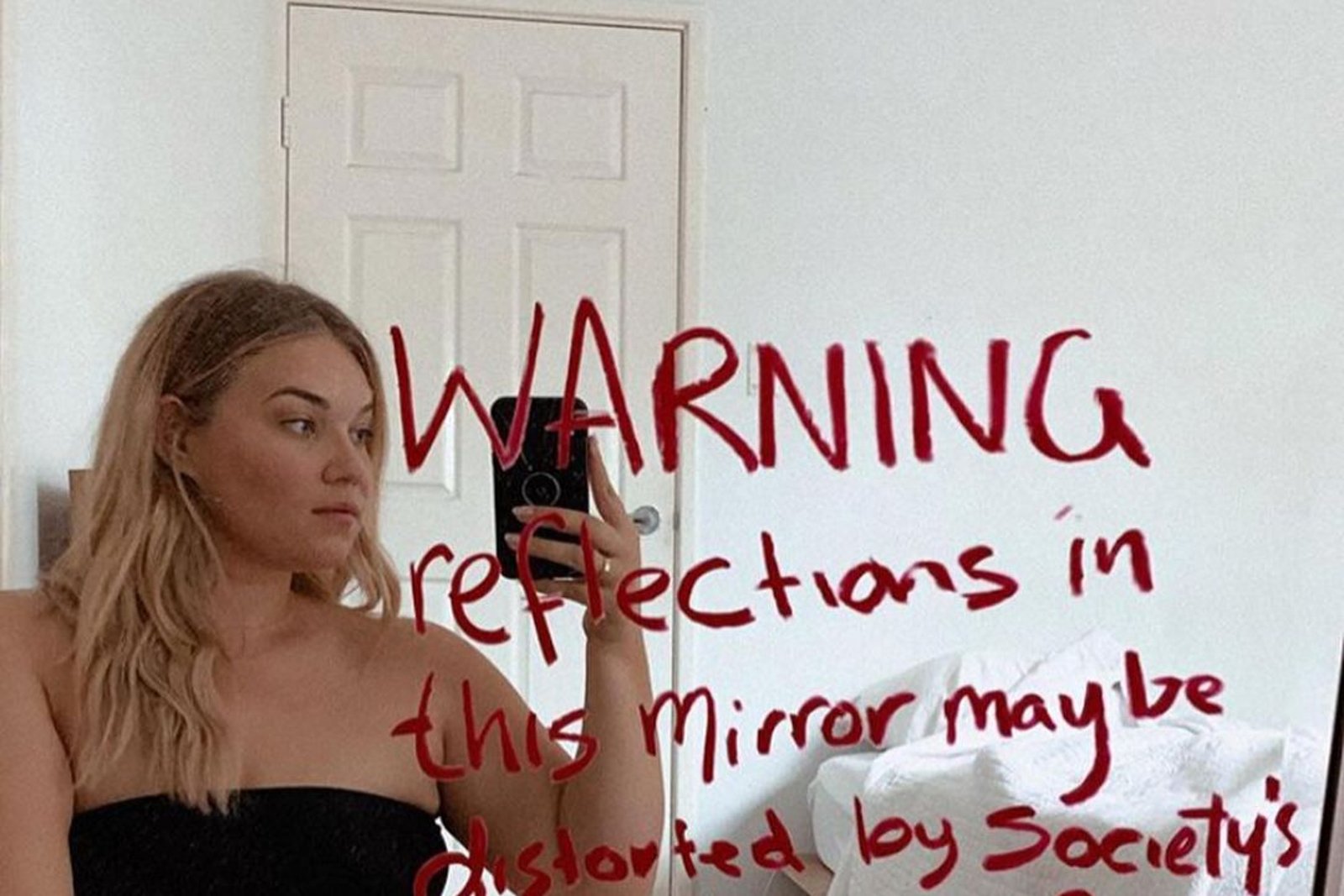 Kate Wasley message: Warning reflections in this mirror maybe distorted by society's standards of beauty.
