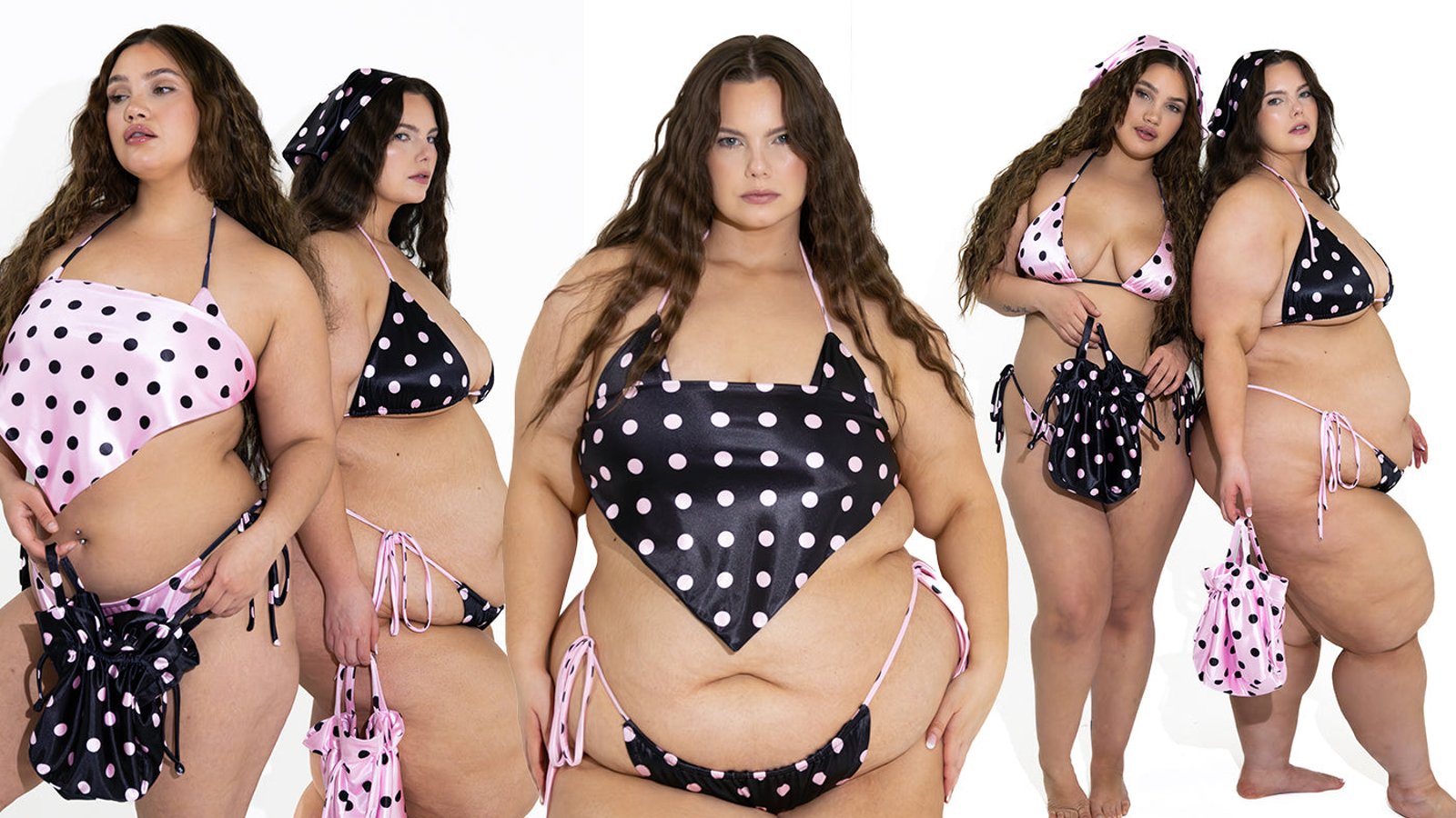 Two models showcase playful polka dot swimwear, featuring a high-waisted pink and black bikini with matching beach bags.